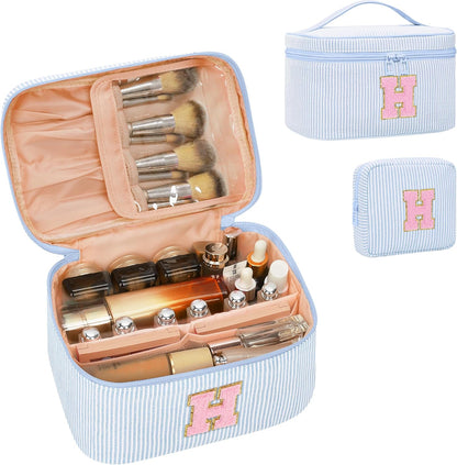 Personalized Initial Makeup Bag with Brush Holder and Divider for Women,Make Up Case for Girlfriend Bridesmaid Wife,Birthday Gift for Her Cute Toiletry Bag,2PCS,Purple L