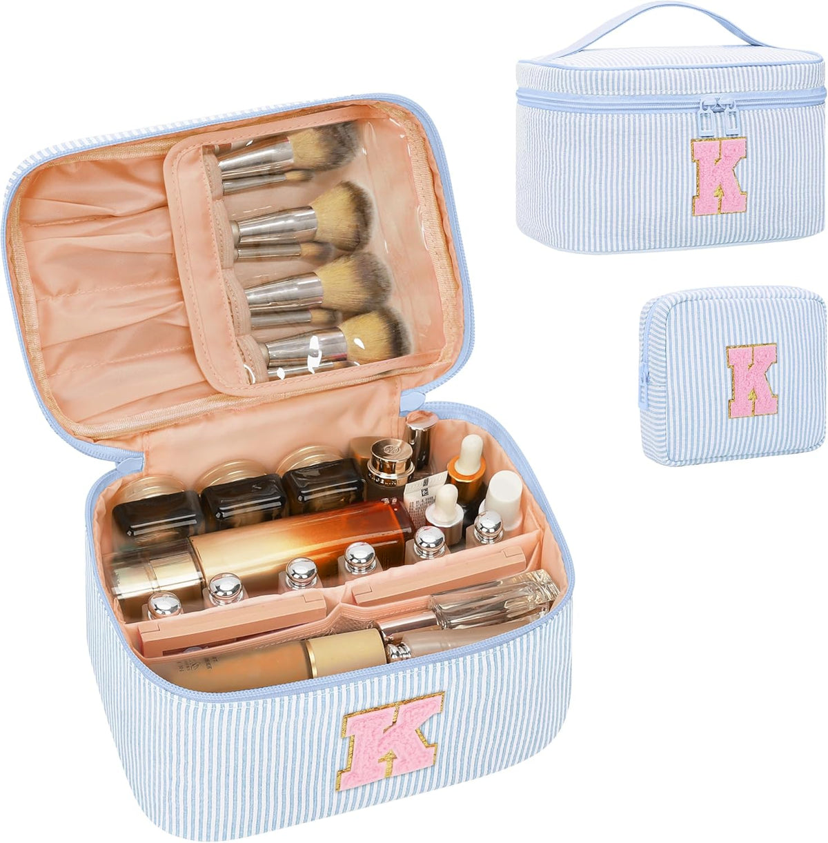Personalized Initial Makeup Bag with Brush Holder and Divider for Women,Make Up Case for Girlfriend Bridesmaid Wife,Birthday Gift for Her Cute Toiletry Bag,2PCS,Purple L