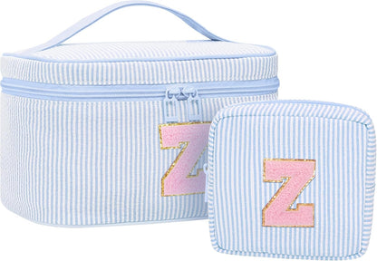 Personalized Initial Makeup Bag with Brush Holder and Divider for Women,Make Up Case for Girlfriend Bridesmaid Wife,Birthday Gift for Her Cute Toiletry Bag,2PCS,Purple L