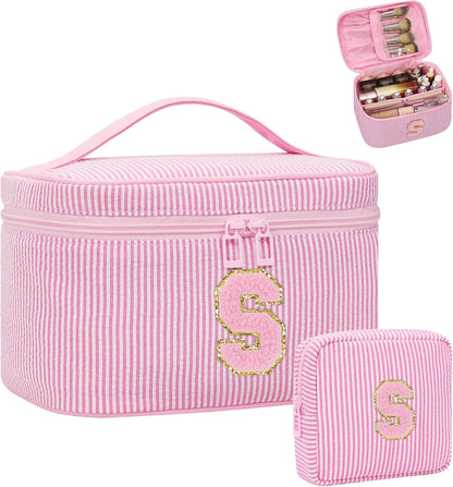 Personalized Initial Makeup Bag with Brush Holder and Divider for Women,Make Up Case for Girlfriend Bridesmaid Wife,Birthday Gift for Her Cute Toiletry Bag,2PCS,Purple L