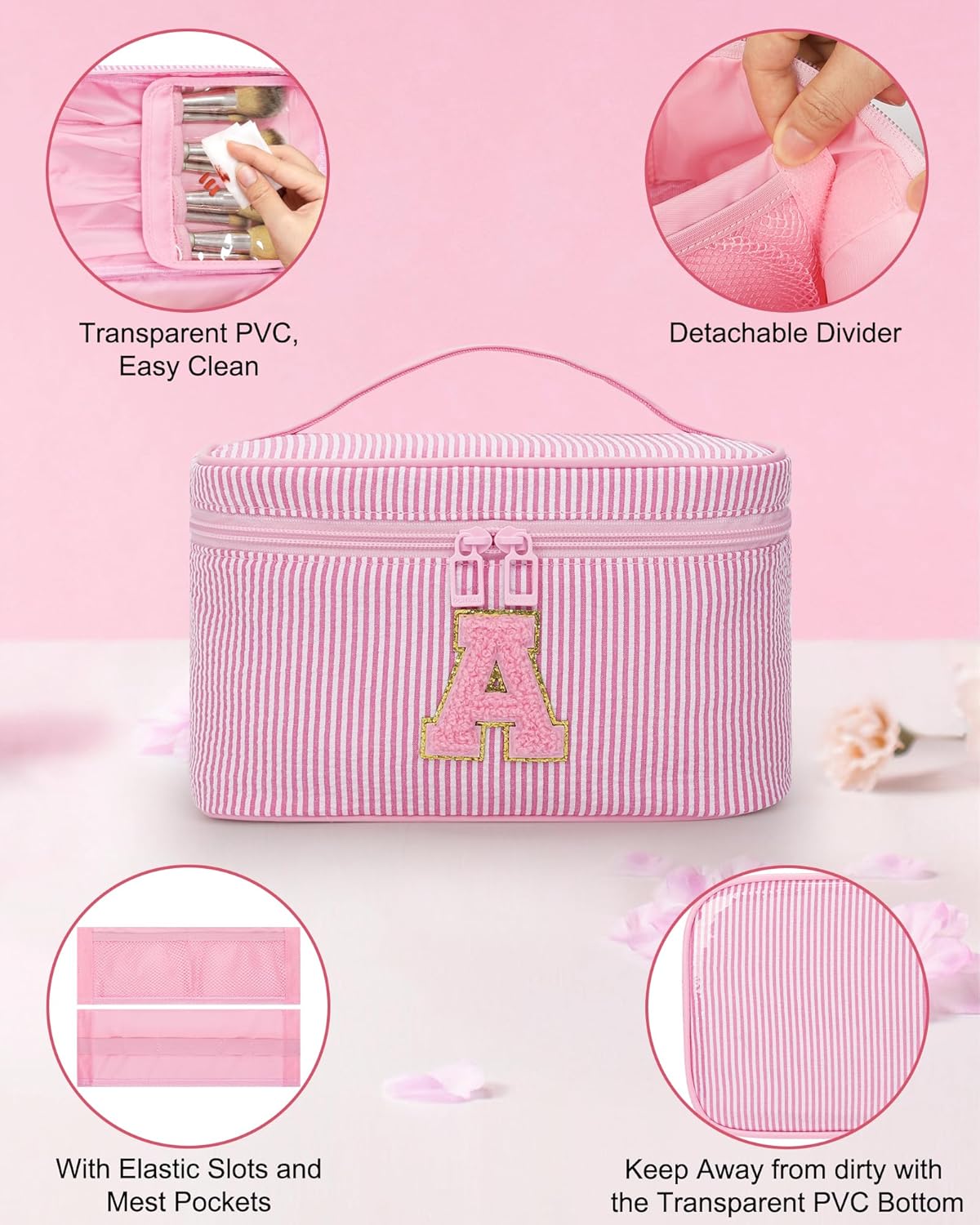 Personalized Initial Makeup Bag with Brush Holder and Divider for Women,Make Up Case for Girlfriend Bridesmaid Wife,Birthday Gift for Her Cute Toiletry Bag,2PCS,Purple L