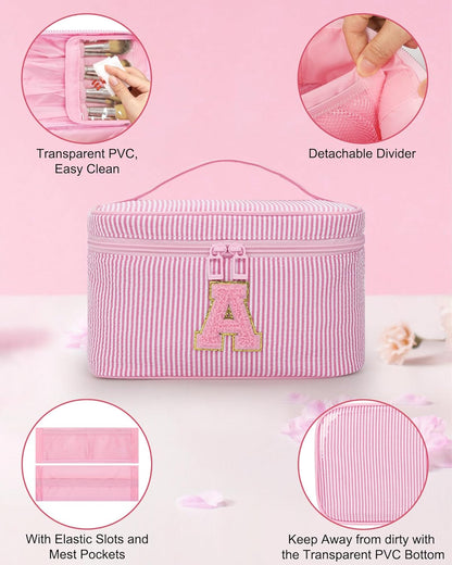 Personalized Initial Makeup Bag with Brush Holder and Divider for Women,Make Up Case for Girlfriend Bridesmaid Wife,Birthday Gift for Her Cute Toiletry Bag,2PCS,Purple L