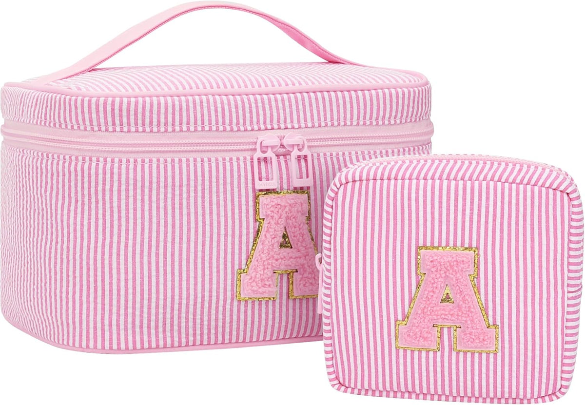 Personalized Initial Makeup Bag with Brush Holder and Divider for Women,Make Up Case for Girlfriend Bridesmaid Wife,Birthday Gift for Her Cute Toiletry Bag,2PCS,Purple L