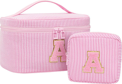 Personalized Initial Makeup Bag with Brush Holder and Divider for Women,Make Up Case for Girlfriend Bridesmaid Wife,Birthday Gift for Her Cute Toiletry Bag,2PCS,Purple L