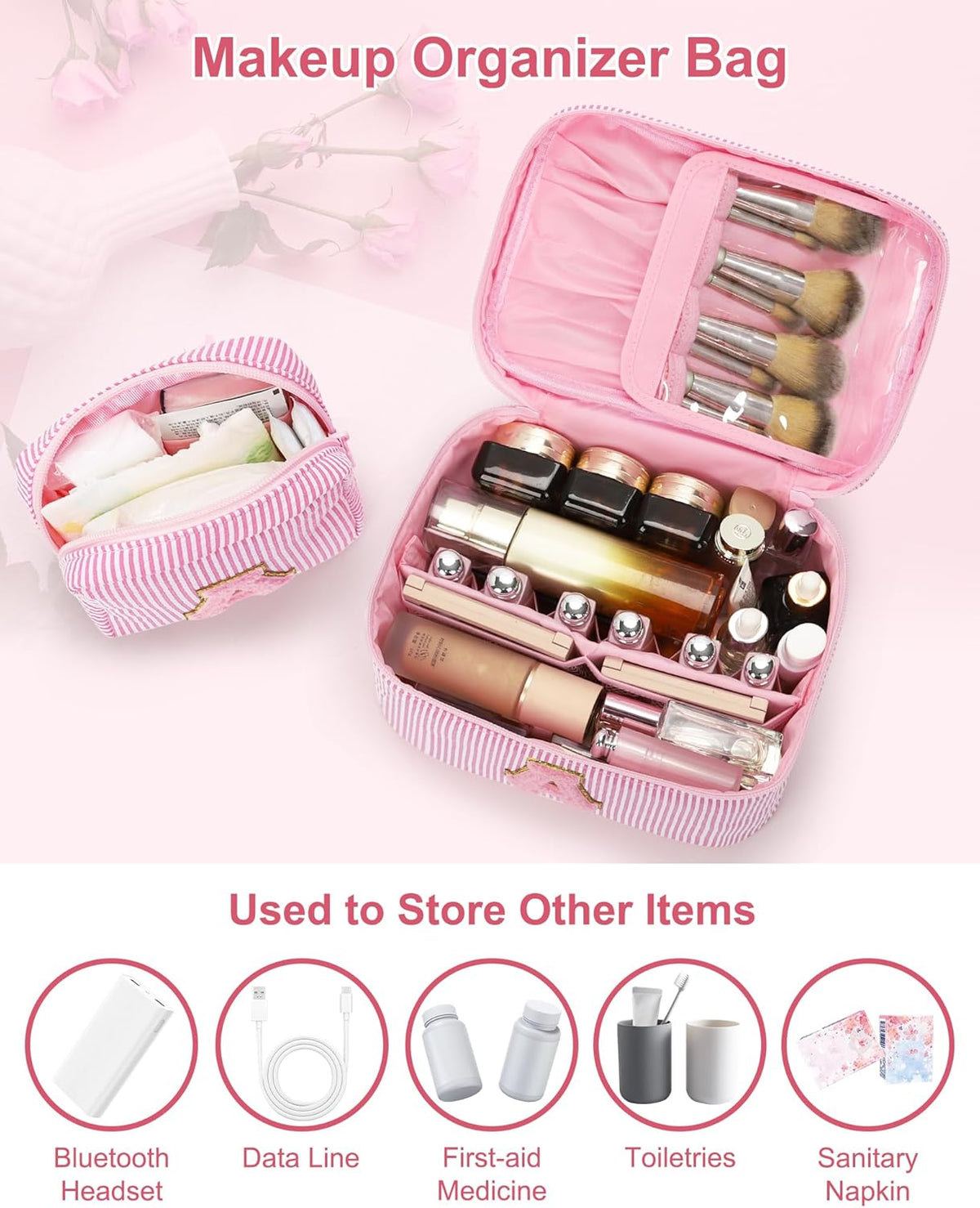 Personalized Initial Makeup Bag with Brush Holder and Divider for Women,Make Up Case for Girlfriend Bridesmaid Wife,Birthday Gift for Her Cute Toiletry Bag,2PCS,Purple L