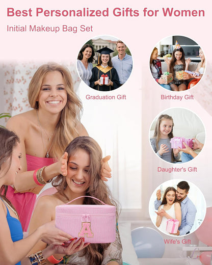Personalized Initial Makeup Bag with Brush Holder and Divider for Women,Make Up Case for Girlfriend Bridesmaid Wife,Birthday Gift for Her Cute Toiletry Bag,2PCS,Purple L