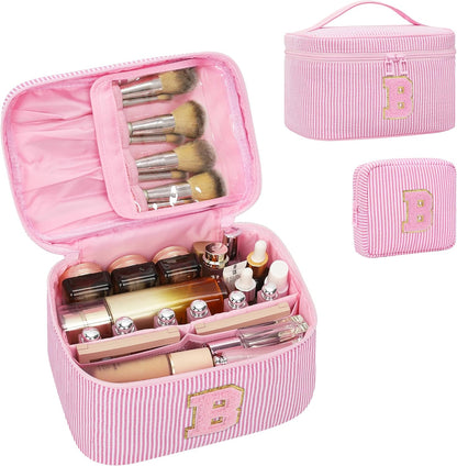 Personalized Initial Makeup Bag with Brush Holder and Divider for Women,Make Up Case for Girlfriend Bridesmaid Wife,Birthday Gift for Her Cute Toiletry Bag,2PCS,Purple L