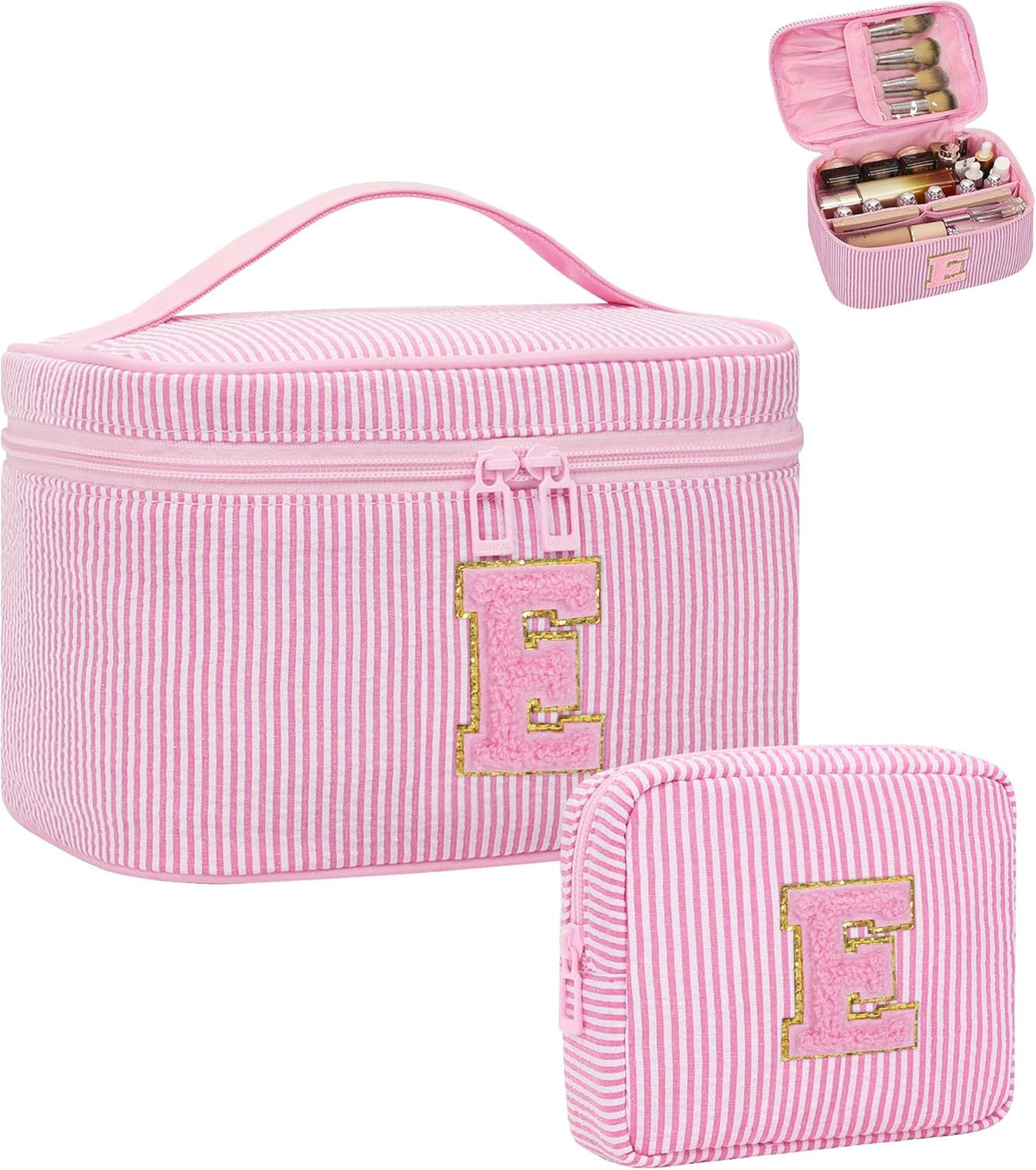 Personalized Initial Makeup Bag with Brush Holder and Divider for Women,Make Up Case for Girlfriend Bridesmaid Wife,Birthday Gift for Her Cute Toiletry Bag,2PCS,Purple L