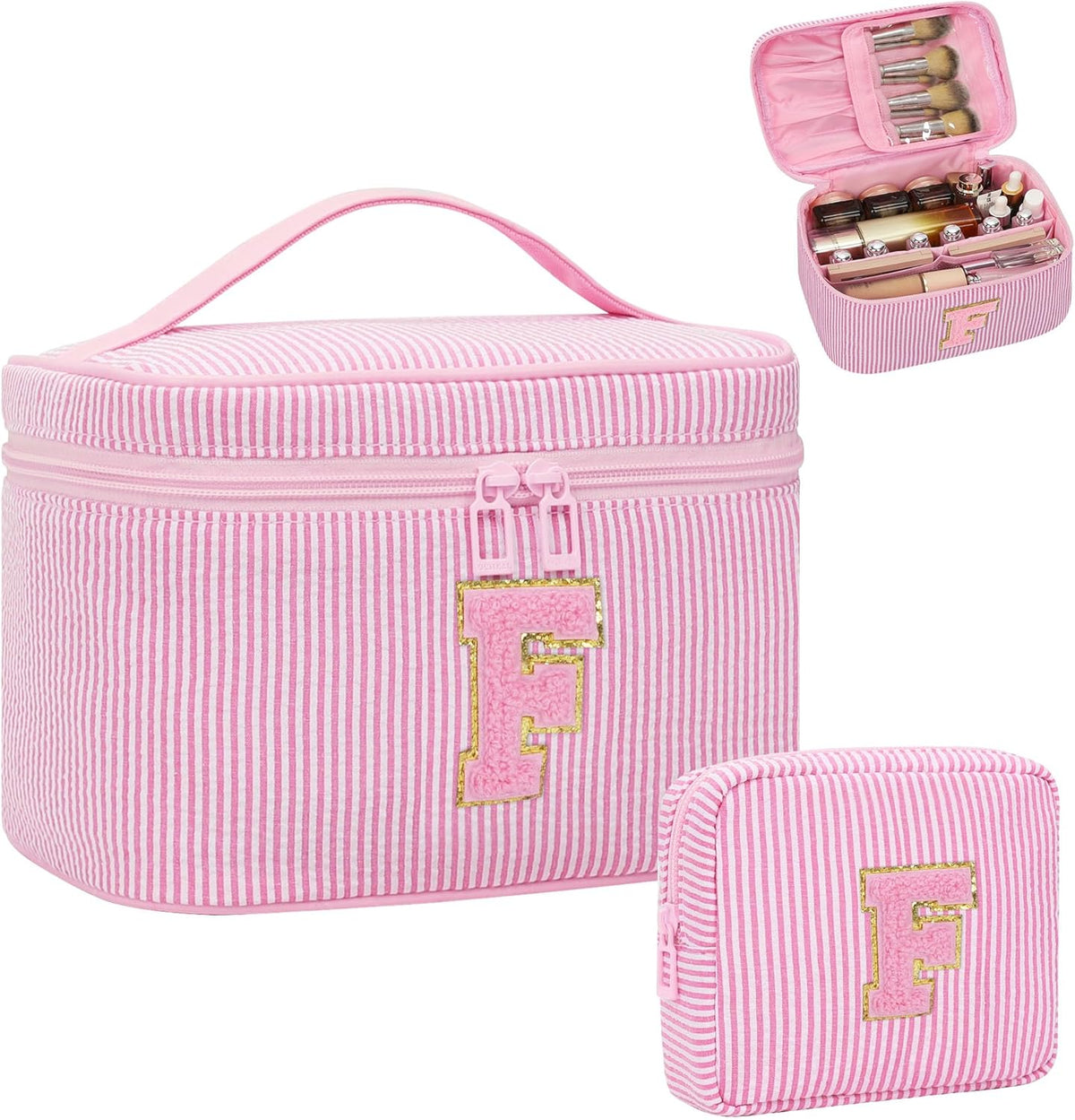 Personalized Initial Makeup Bag with Brush Holder and Divider for Women,Make Up Case for Girlfriend Bridesmaid Wife,Birthday Gift for Her Cute Toiletry Bag,2PCS,Purple L