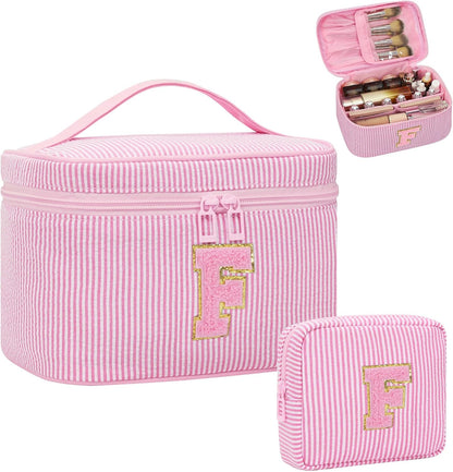 Personalized Initial Makeup Bag with Brush Holder and Divider for Women,Make Up Case for Girlfriend Bridesmaid Wife,Birthday Gift for Her Cute Toiletry Bag,2PCS,Purple L