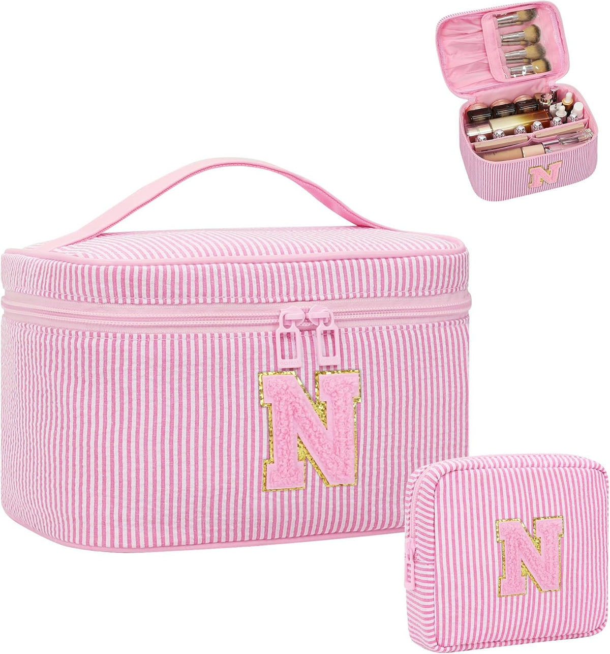 Personalized Initial Makeup Bag with Brush Holder and Divider for Women,Make Up Case for Girlfriend Bridesmaid Wife,Birthday Gift for Her Cute Toiletry Bag,2PCS,Purple L