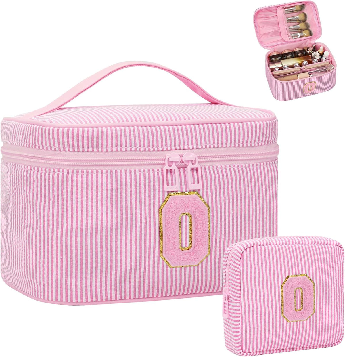Personalized Initial Makeup Bag with Brush Holder and Divider for Women,Make Up Case for Girlfriend Bridesmaid Wife,Birthday Gift for Her Cute Toiletry Bag,2PCS,Purple L