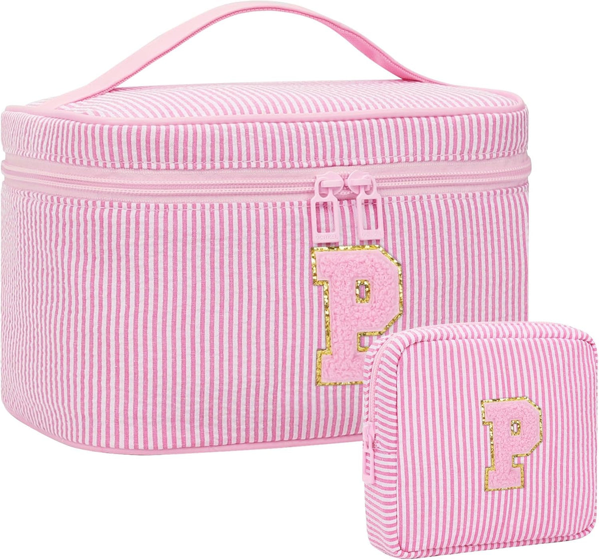 Personalized Initial Makeup Bag with Brush Holder and Divider for Women,Make Up Case for Girlfriend Bridesmaid Wife,Birthday Gift for Her Cute Toiletry Bag,2PCS,Purple L