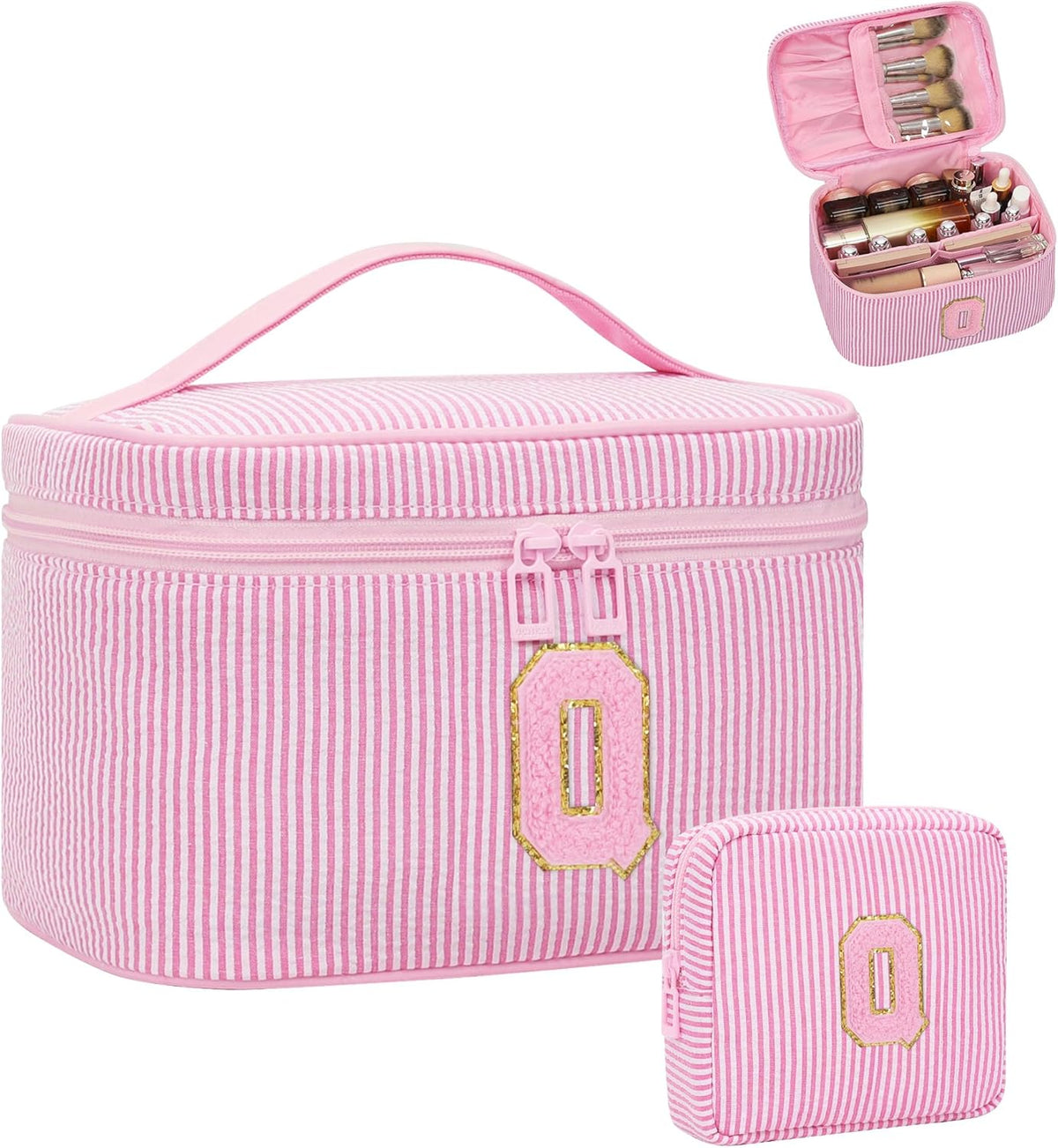 Personalized Initial Makeup Bag with Brush Holder and Divider for Women,Make Up Case for Girlfriend Bridesmaid Wife,Birthday Gift for Her Cute Toiletry Bag,2PCS,Purple L