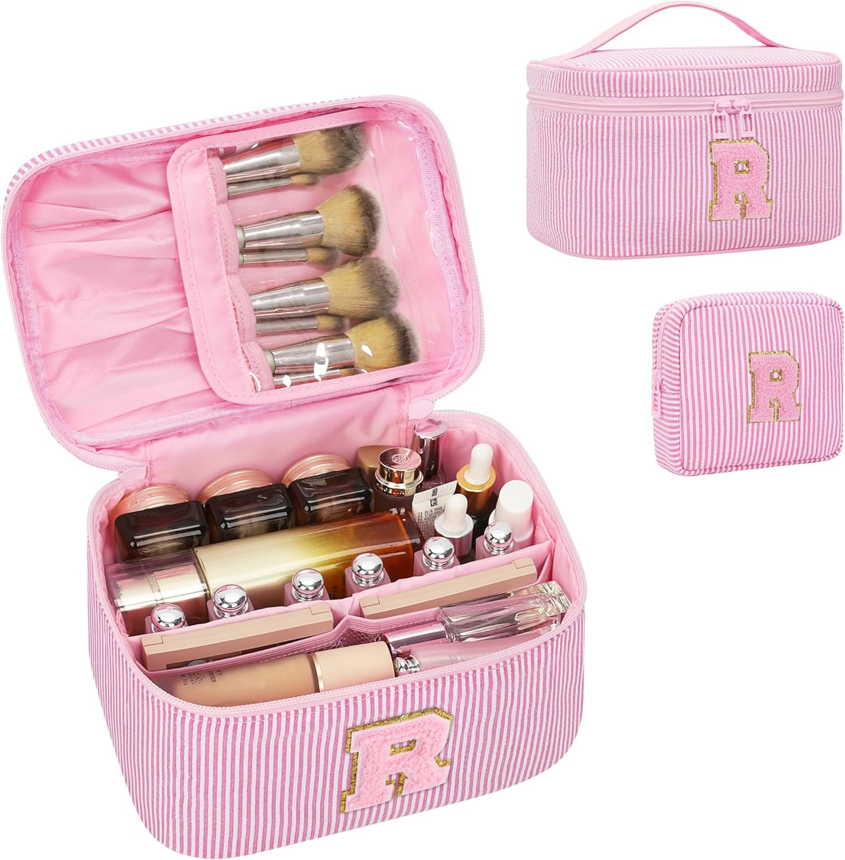 Personalized Initial Makeup Bag with Brush Holder and Divider for Women,Make Up Case for Girlfriend Bridesmaid Wife,Birthday Gift for Her Cute Toiletry Bag,2PCS,Purple L