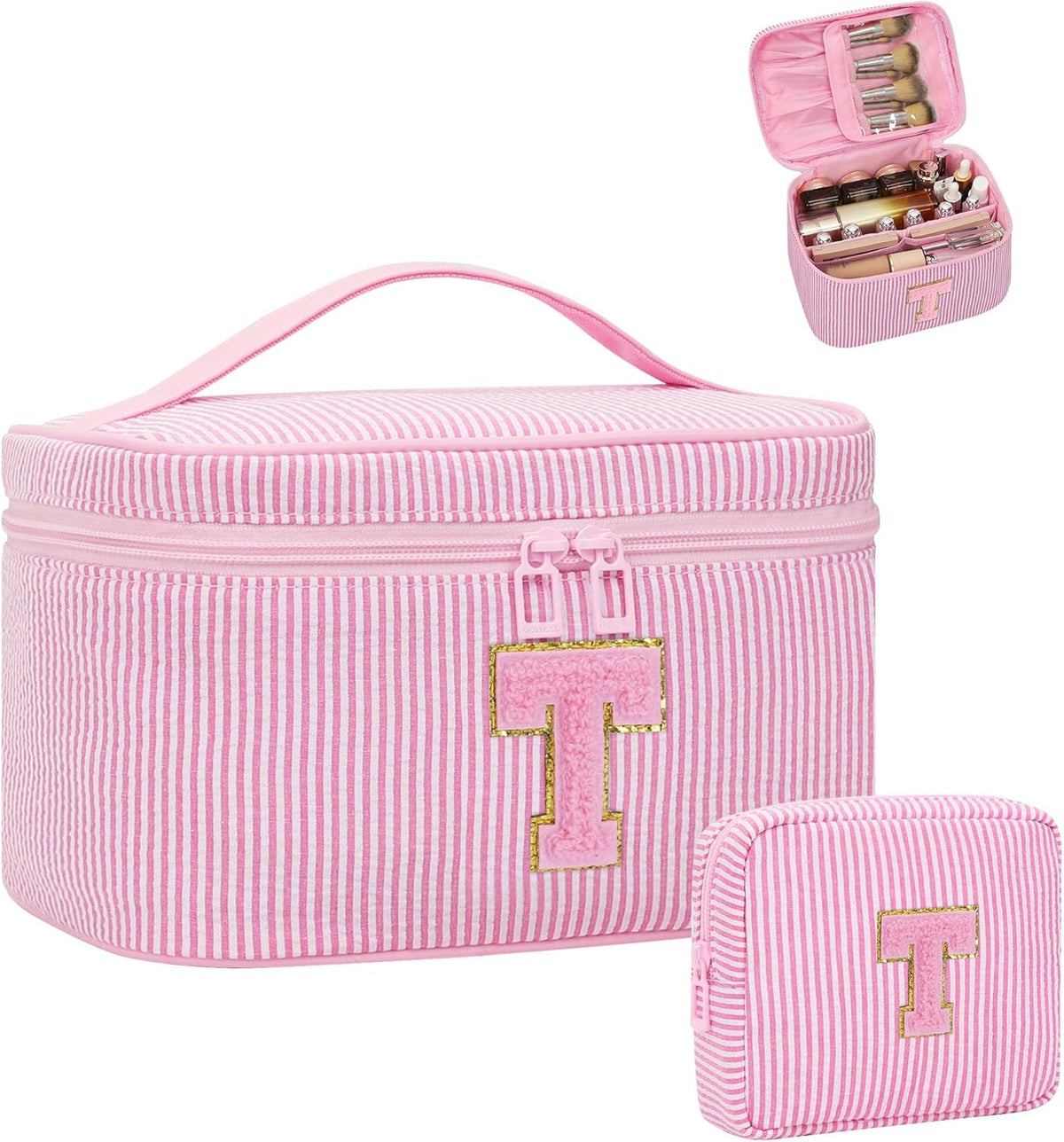 Personalized Initial Makeup Bag with Brush Holder and Divider for Women,Make Up Case for Girlfriend Bridesmaid Wife,Birthday Gift for Her Cute Toiletry Bag,2PCS,Purple L