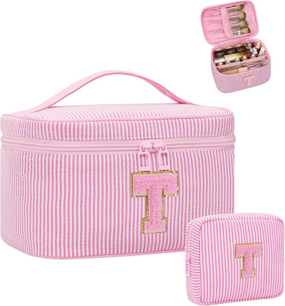Personalized Initial Makeup Bag with Brush Holder and Divider for Women,Make Up Case for Girlfriend Bridesmaid Wife,Birthday Gift for Her Cute Toiletry Bag,2PCS,Purple L