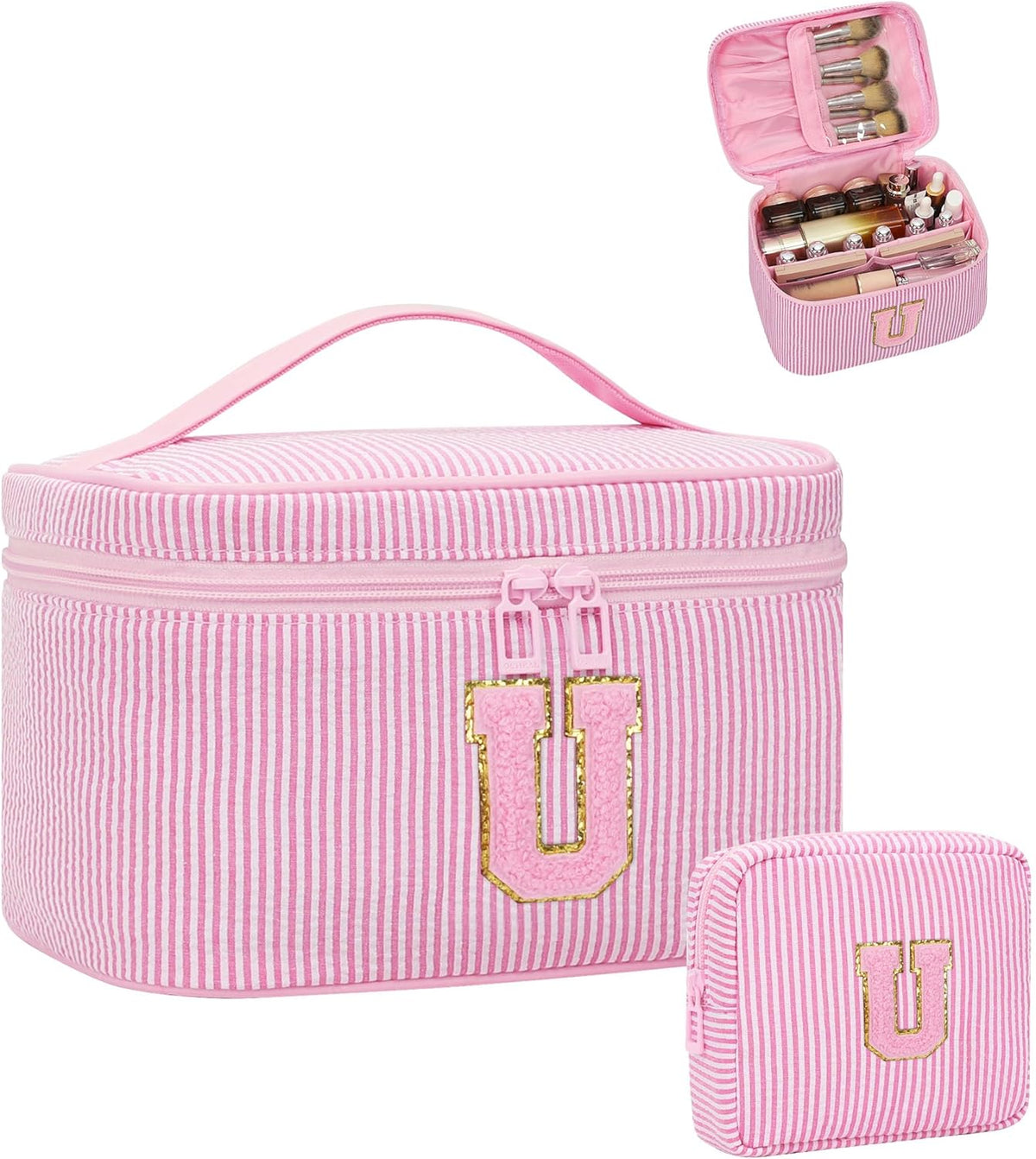 Personalized Initial Makeup Bag with Brush Holder and Divider for Women,Make Up Case for Girlfriend Bridesmaid Wife,Birthday Gift for Her Cute Toiletry Bag,2PCS,Purple L
