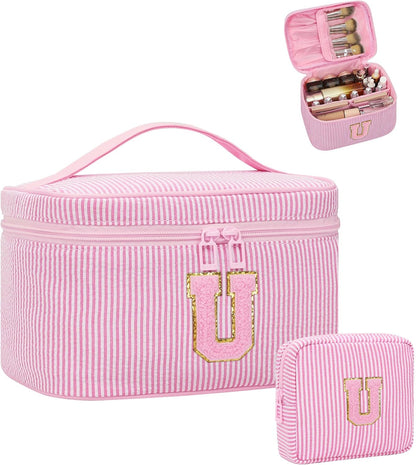 Personalized Initial Makeup Bag with Brush Holder and Divider for Women,Make Up Case for Girlfriend Bridesmaid Wife,Birthday Gift for Her Cute Toiletry Bag,2PCS,Purple L