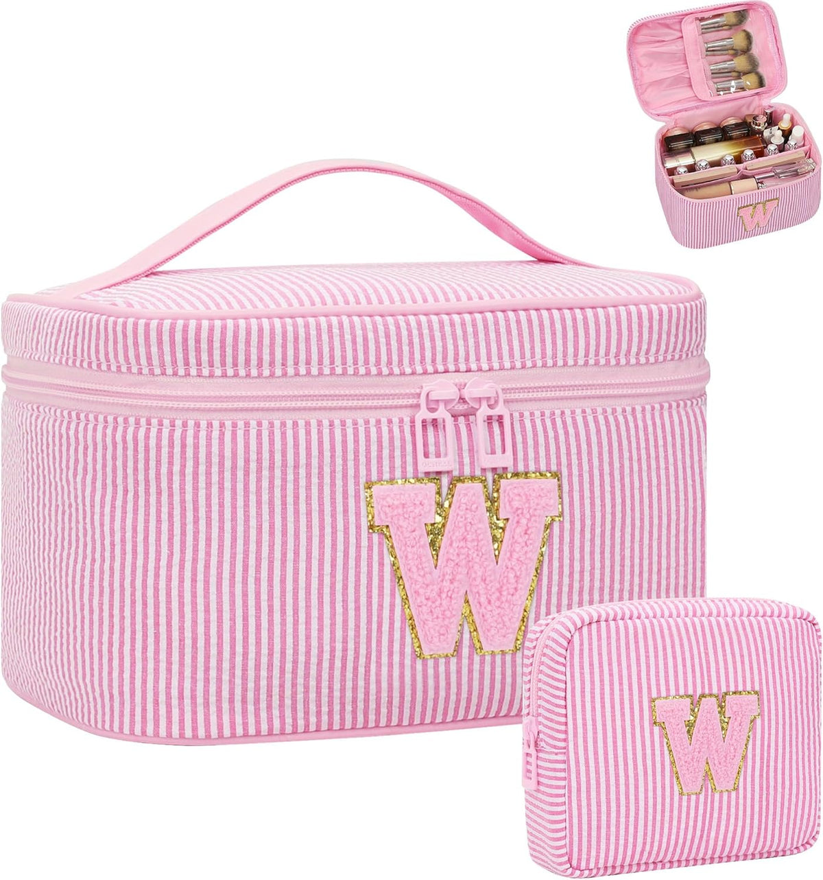 Personalized Initial Makeup Bag with Brush Holder and Divider for Women,Make Up Case for Girlfriend Bridesmaid Wife,Birthday Gift for Her Cute Toiletry Bag,2PCS,Purple L