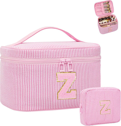 Personalized Initial Makeup Bag with Brush Holder and Divider for Women,Make Up Case for Girlfriend Bridesmaid Wife,Birthday Gift for Her Cute Toiletry Bag,2PCS,Purple L