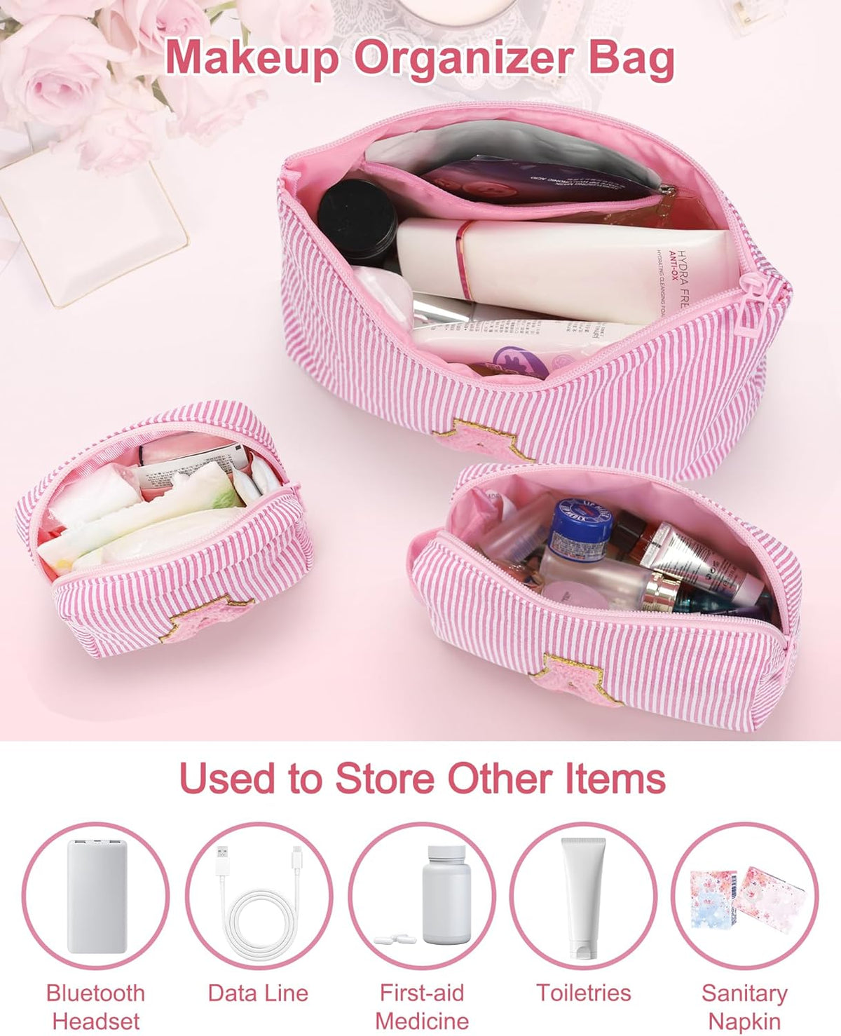Personalized Initial Makeup Bag with Brush Holder and Divider for Women,Make Up Case for Girlfriend Bridesmaid Wife,Birthday Gift for Her Cute Toiletry Bag,2PCS,Purple L