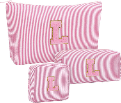 Personalized Initial Makeup Bag with Brush Holder and Divider for Women,Make Up Case for Girlfriend Bridesmaid Wife,Birthday Gift for Her Cute Toiletry Bag,2PCS,Purple L