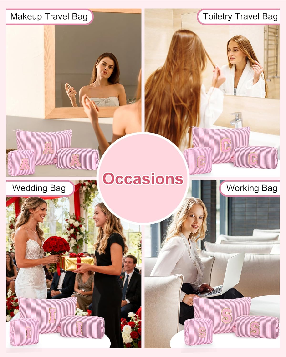 Personalized Initial Makeup Bag with Brush Holder and Divider for Women,Make Up Case for Girlfriend Bridesmaid Wife,Birthday Gift for Her Cute Toiletry Bag,2PCS,Purple L