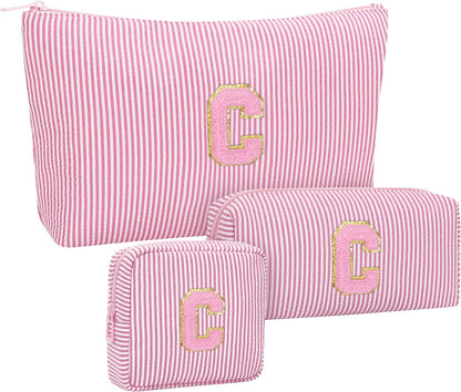 Personalized Initial Makeup Bag with Brush Holder and Divider for Women,Make Up Case for Girlfriend Bridesmaid Wife,Birthday Gift for Her Cute Toiletry Bag,2PCS,Purple L