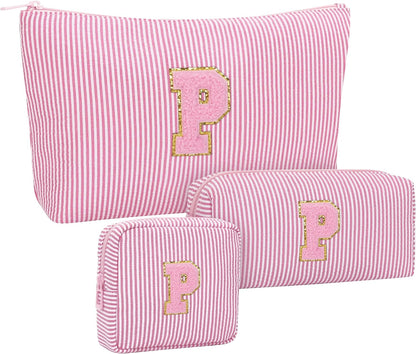 Personalized Initial Makeup Bag with Brush Holder and Divider for Women,Make Up Case for Girlfriend Bridesmaid Wife,Birthday Gift for Her Cute Toiletry Bag,2PCS,Purple L