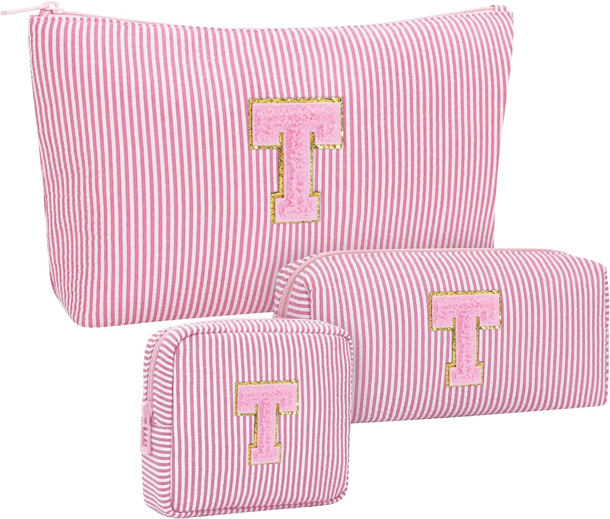 Personalized Initial Makeup Bag with Brush Holder and Divider for Women,Make Up Case for Girlfriend Bridesmaid Wife,Birthday Gift for Her Cute Toiletry Bag,2PCS,Purple L