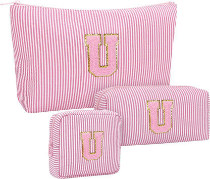 Personalized Initial Makeup Bag with Brush Holder and Divider for Women,Make Up Case for Girlfriend Bridesmaid Wife,Birthday Gift for Her Cute Toiletry Bag,2PCS,Purple L