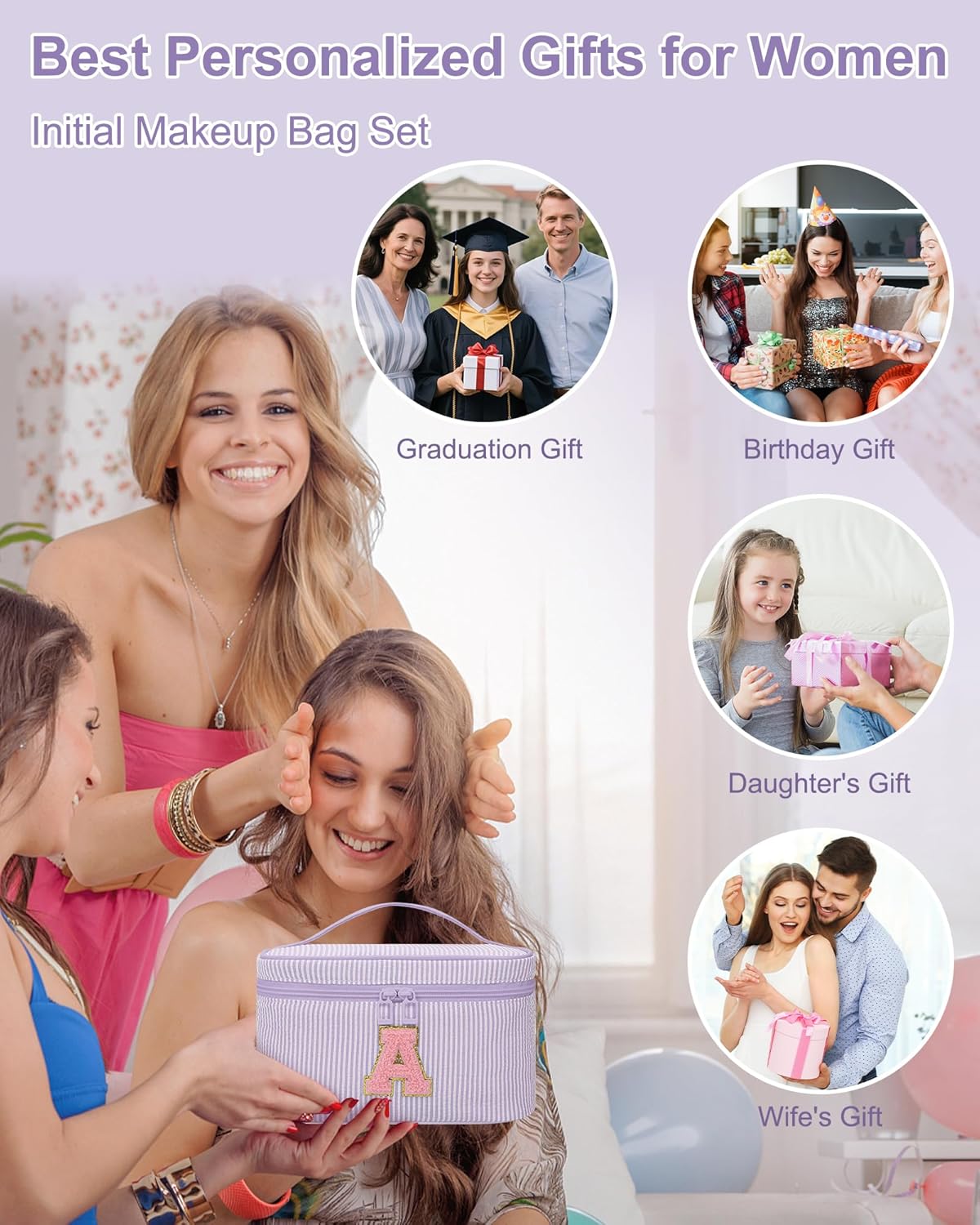Personalized Initial Makeup Bag with Brush Holder and Divider for Women,Make Up Case for Girlfriend Bridesmaid Wife,Birthday Gift for Her Cute Toiletry Bag,2PCS,Purple L