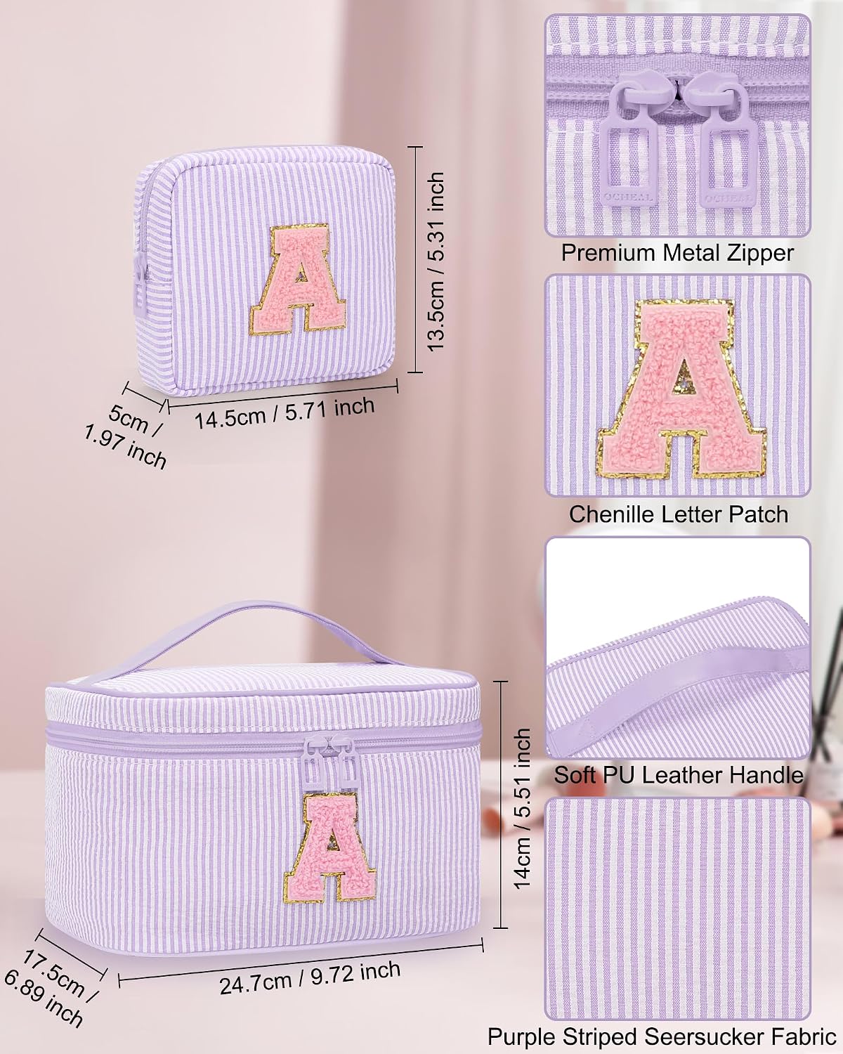 Personalized Initial Makeup Bag with Brush Holder and Divider for Women,Make Up Case for Girlfriend Bridesmaid Wife,Birthday Gift for Her Cute Toiletry Bag,2PCS,Purple L