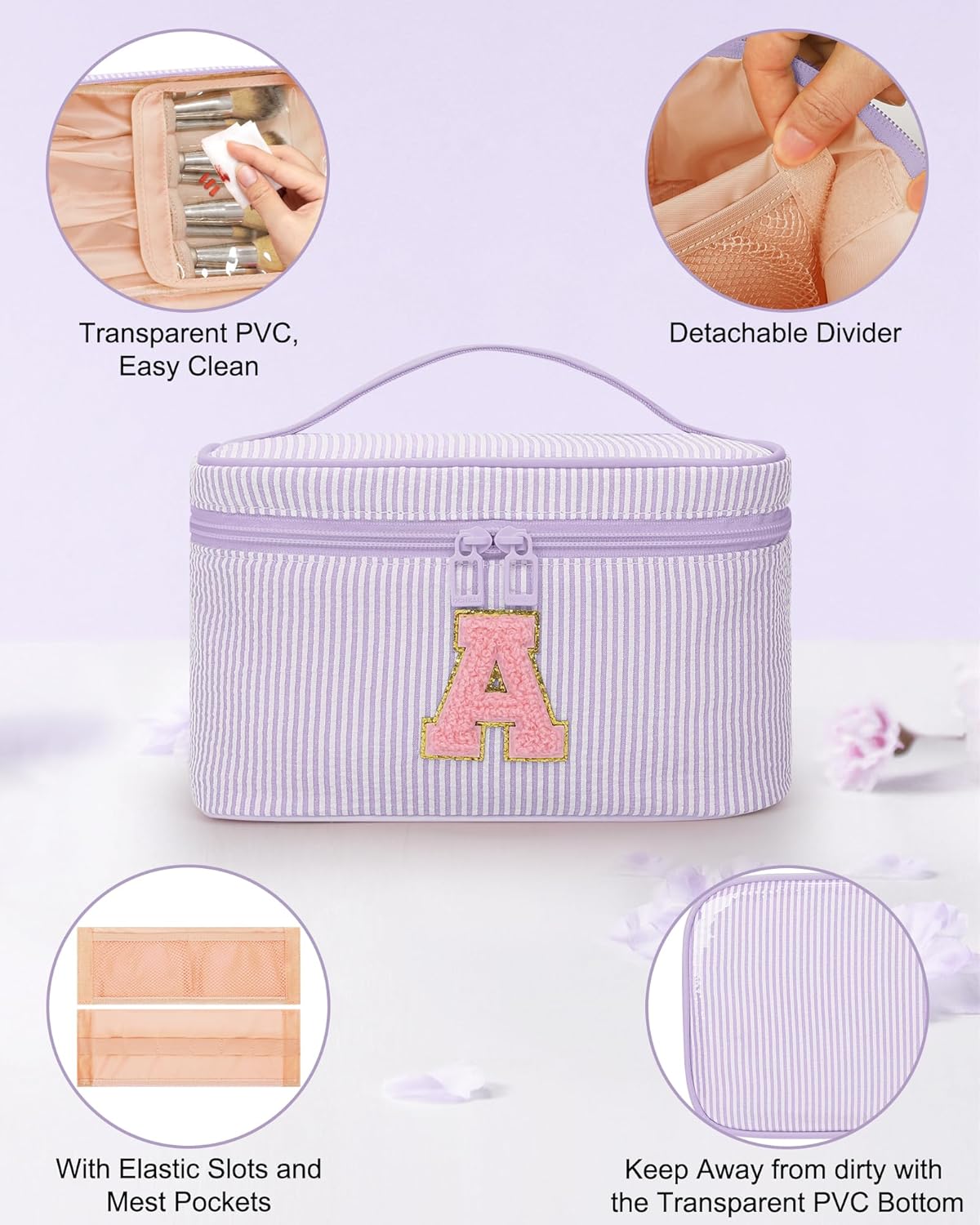 Personalized Initial Makeup Bag with Brush Holder and Divider for Women,Make Up Case for Girlfriend Bridesmaid Wife,Birthday Gift for Her Cute Toiletry Bag,2PCS,Purple L