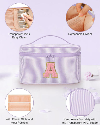 Personalized Initial Makeup Bag with Brush Holder and Divider for Women,Make Up Case for Girlfriend Bridesmaid Wife,Birthday Gift for Her Cute Toiletry Bag,2PCS,Purple L