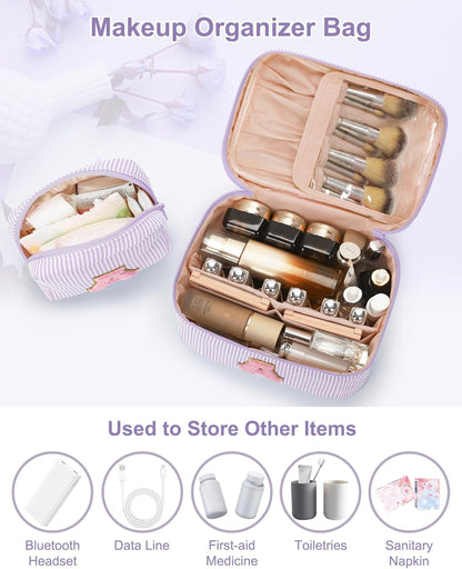 Personalized Initial Makeup Bag with Brush Holder and Divider for Women,Make Up Case for Girlfriend Bridesmaid Wife,Birthday Gift for Her Cute Toiletry Bag,2PCS,Purple L
