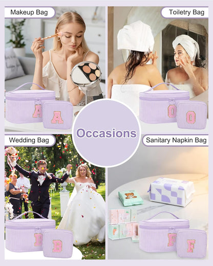 Personalized Initial Makeup Bag with Brush Holder and Divider for Women,Make Up Case for Girlfriend Bridesmaid Wife,Birthday Gift for Her Cute Toiletry Bag,2PCS,Purple L