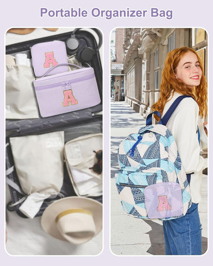 Personalized Initial Makeup Bag with Brush Holder and Divider for Women,Make Up Case for Girlfriend Bridesmaid Wife,Birthday Gift for Her Cute Toiletry Bag,2PCS,Purple L