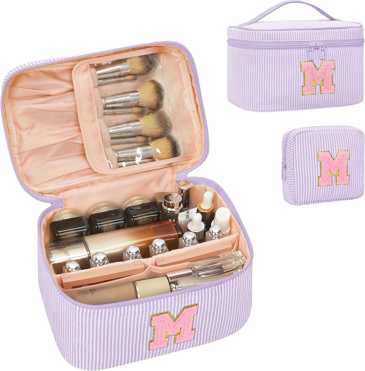 Personalized Initial Makeup Bag with Brush Holder and Divider for Women,Make Up Case for Girlfriend Bridesmaid Wife,Birthday Gift for Her Cute Toiletry Bag,2PCS,Purple L