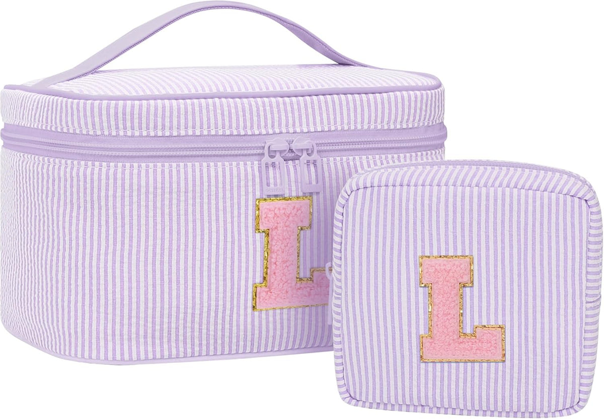 Personalized Initial Makeup Bag with Brush Holder and Divider for Women,Make Up Case for Girlfriend Bridesmaid Wife,Birthday Gift for Her Cute Toiletry Bag,2PCS,Purple L
