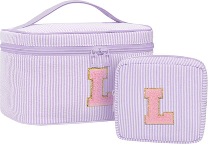 Personalized Initial Makeup Bag with Brush Holder and Divider for Women,Make Up Case for Girlfriend Bridesmaid Wife,Birthday Gift for Her Cute Toiletry Bag,2PCS,Purple L