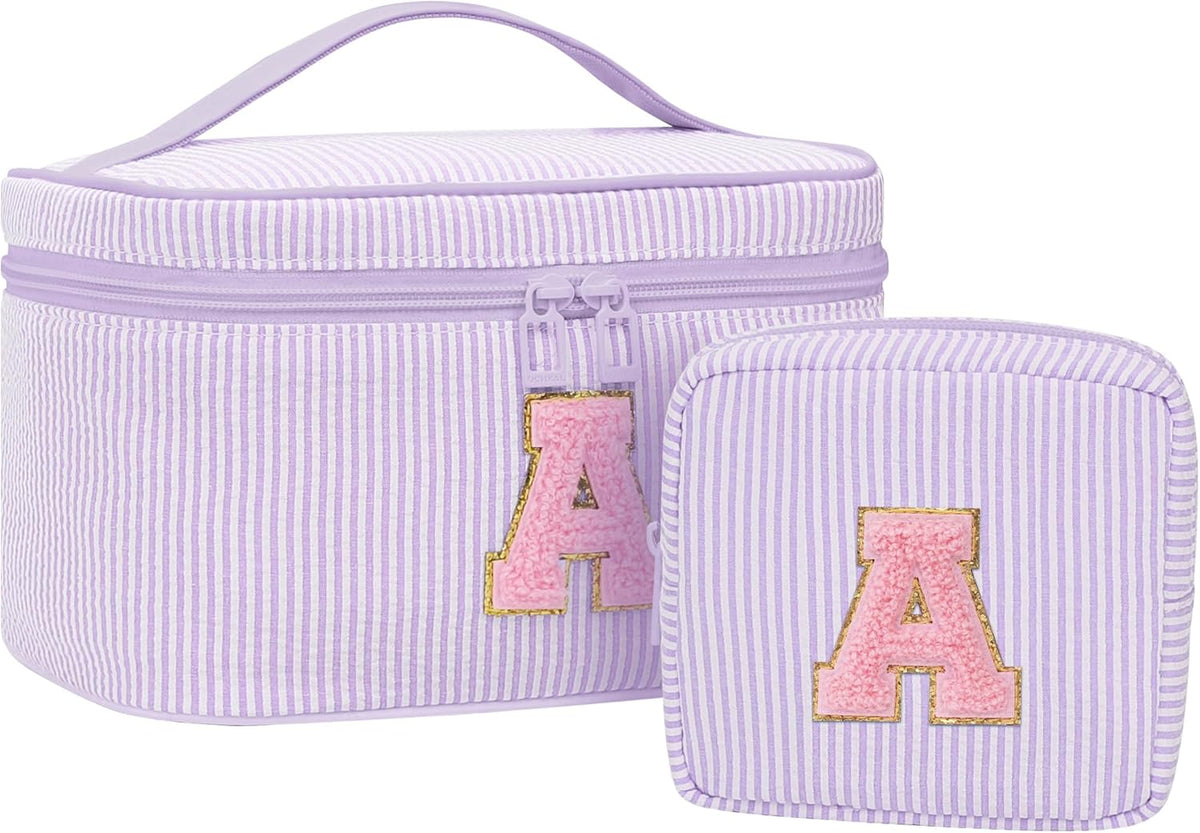 Personalized Initial Makeup Bag with Brush Holder and Divider for Women,Make Up Case for Girlfriend Bridesmaid Wife,Birthday Gift for Her Cute Toiletry Bag,2PCS,Purple L
