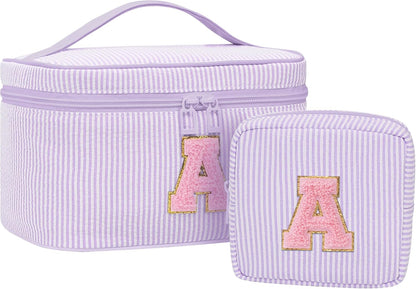 Personalized Initial Makeup Bag with Brush Holder and Divider for Women,Make Up Case for Girlfriend Bridesmaid Wife,Birthday Gift for Her Cute Toiletry Bag,2PCS,Purple L