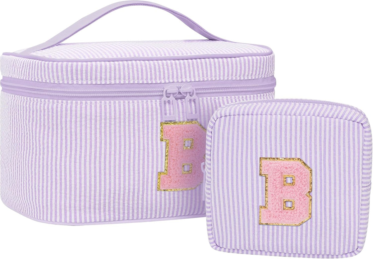 Personalized Initial Makeup Bag with Brush Holder and Divider for Women,Make Up Case for Girlfriend Bridesmaid Wife,Birthday Gift for Her Cute Toiletry Bag,2PCS,Purple L