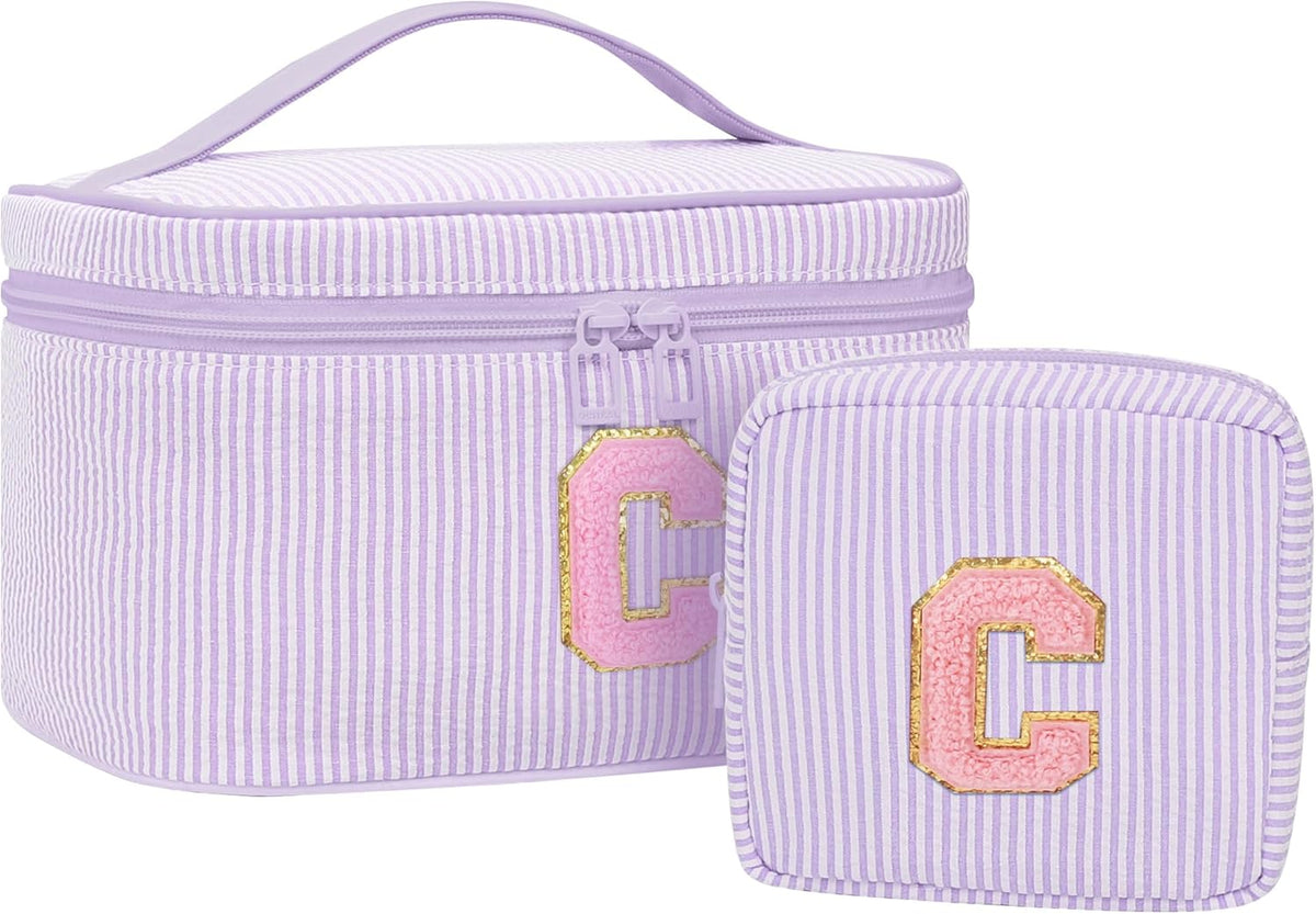 Personalized Initial Makeup Bag with Brush Holder and Divider for Women,Make Up Case for Girlfriend Bridesmaid Wife,Birthday Gift for Her Cute Toiletry Bag,2PCS,Purple L