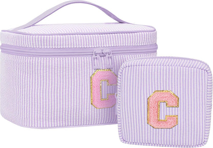 Personalized Initial Makeup Bag with Brush Holder and Divider for Women,Make Up Case for Girlfriend Bridesmaid Wife,Birthday Gift for Her Cute Toiletry Bag,2PCS,Purple L