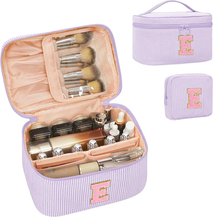 Personalized Initial Makeup Bag with Brush Holder and Divider for Women,Make Up Case for Girlfriend Bridesmaid Wife,Birthday Gift for Her Cute Toiletry Bag,2PCS,Purple L