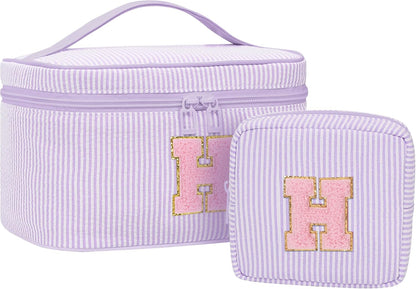 Personalized Initial Makeup Bag with Brush Holder and Divider for Women,Make Up Case for Girlfriend Bridesmaid Wife,Birthday Gift for Her Cute Toiletry Bag,2PCS,Purple L