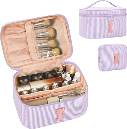 Personalized Initial Makeup Bag with Brush Holder and Divider for Women,Make Up Case for Girlfriend Bridesmaid Wife,Birthday Gift for Her Cute Toiletry Bag,2PCS,Purple L